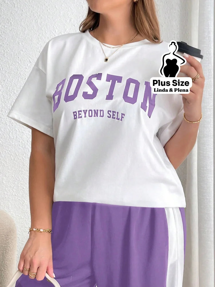 Conjunto Esportivo Com Blusa Estampada E Calça Lateral Plus Size Conjunto Esportivo Com Blusa Estampada E Calça Lateral
