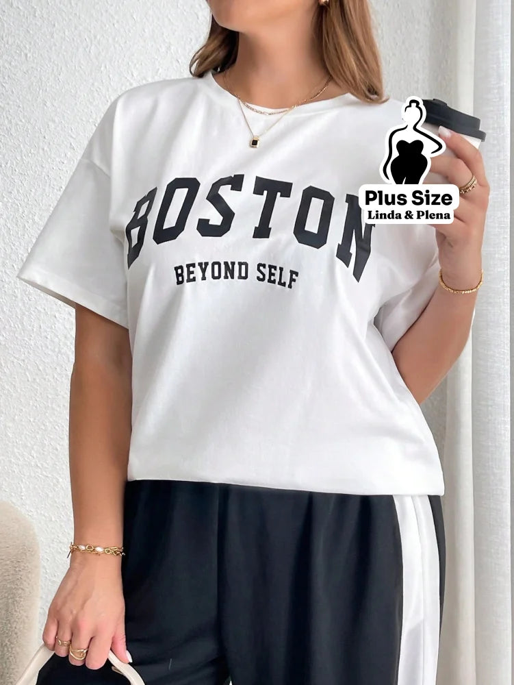 Conjunto Esportivo Com Blusa Estampada E Calça Lateral Plus Size Conjunto Esportivo Com Blusa Estampada E Calça Lateral