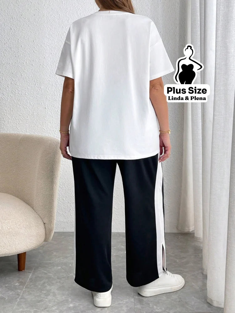 Conjunto Esportivo Com Blusa Estampada E Calça Lateral Plus Size Conjunto Esportivo Com Blusa Estampada E Calça Lateral