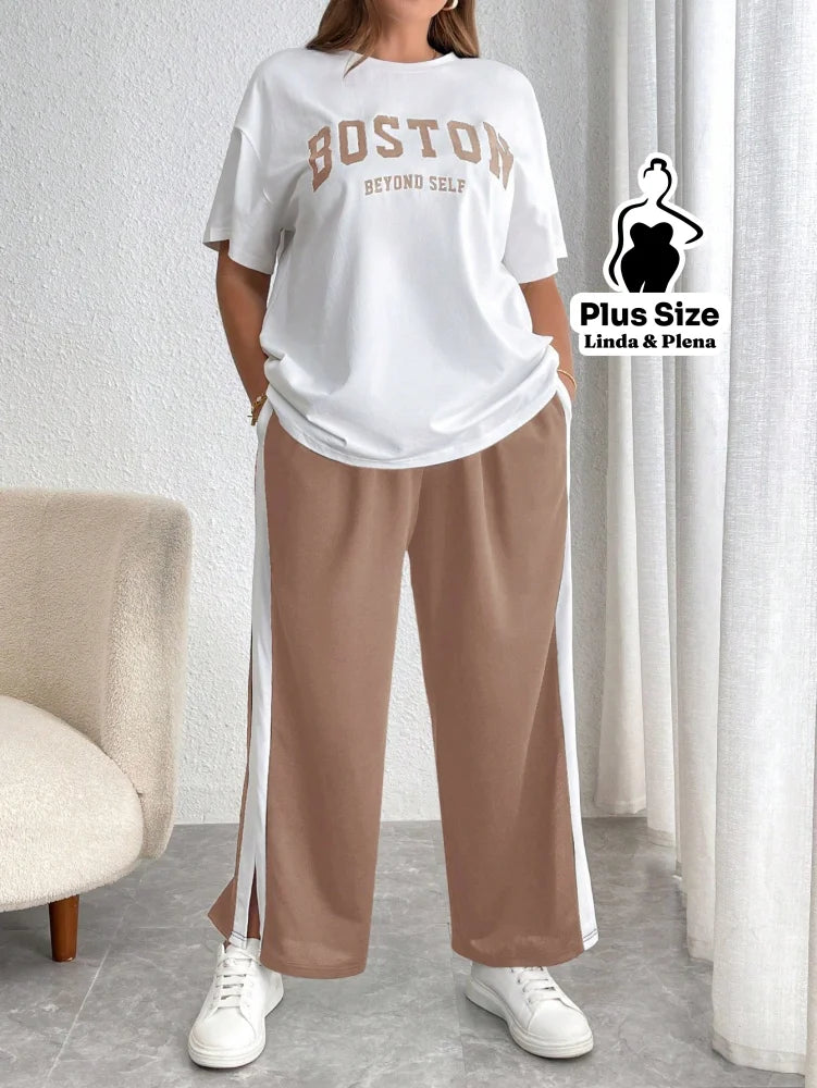 Conjunto Esportivo Com Blusa Estampada E Calça Lateral Plus Size Caqui / G Conjunto Esportivo Com Blusa Estampada E