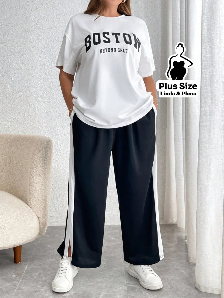 Conjunto Esportivo Com Blusa Estampada E Calça Lateral Plus Size Preto e Branco / G Conjunto Esportivo Com Blusa