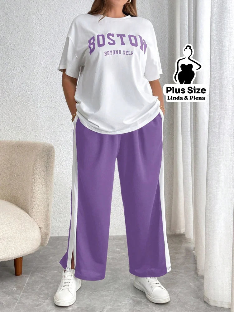 Conjunto Esportivo Com Blusa Estampada E Calça Lateral Plus Size Violeta / G Conjunto Esportivo Com Blusa Estampada E