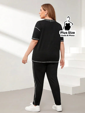 Conjunto Esportivo Com Blusa Solta E Calça Justa Plus Size Conjunto Esportivo Com Blusa Solta E Calça Justa Plus Size