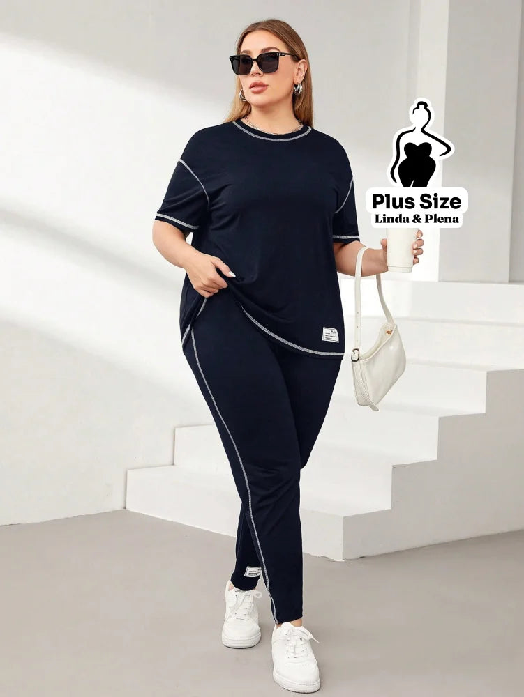 Conjunto Esportivo Com Blusa Solta E Calça Justa Plus Size Azul Marinho / G Conjunto Esportivo Com Blusa Solta E Calça