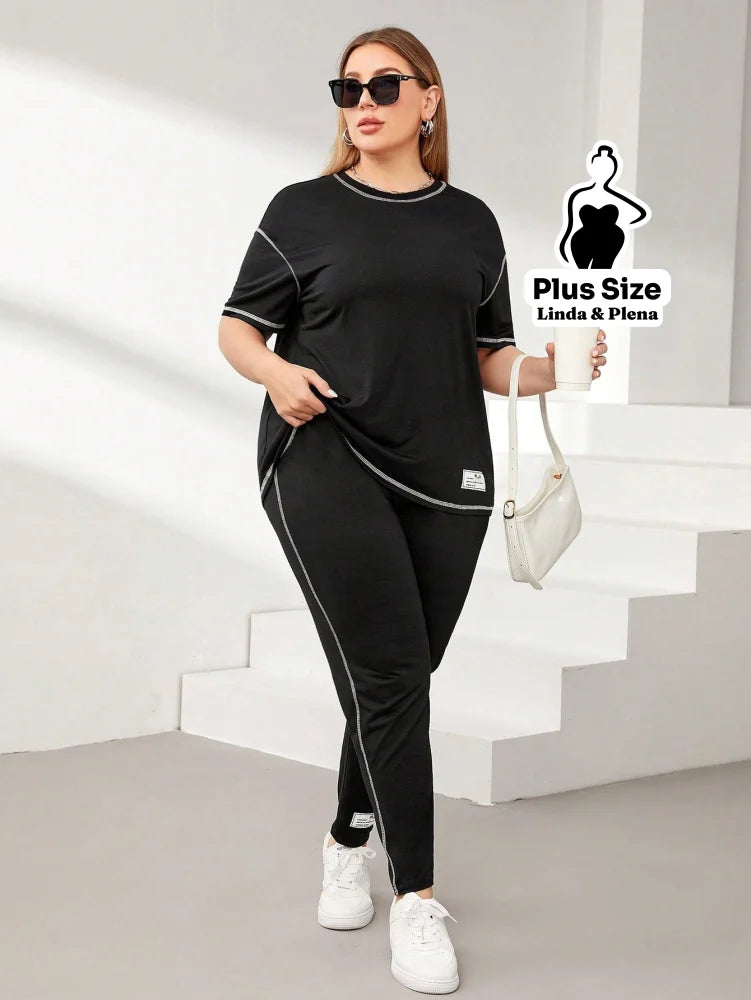 Conjunto Esportivo Com Blusa Solta E Calça Justa Plus Size Preto / G Conjunto Esportivo Com Blusa Solta E Calça Justa
