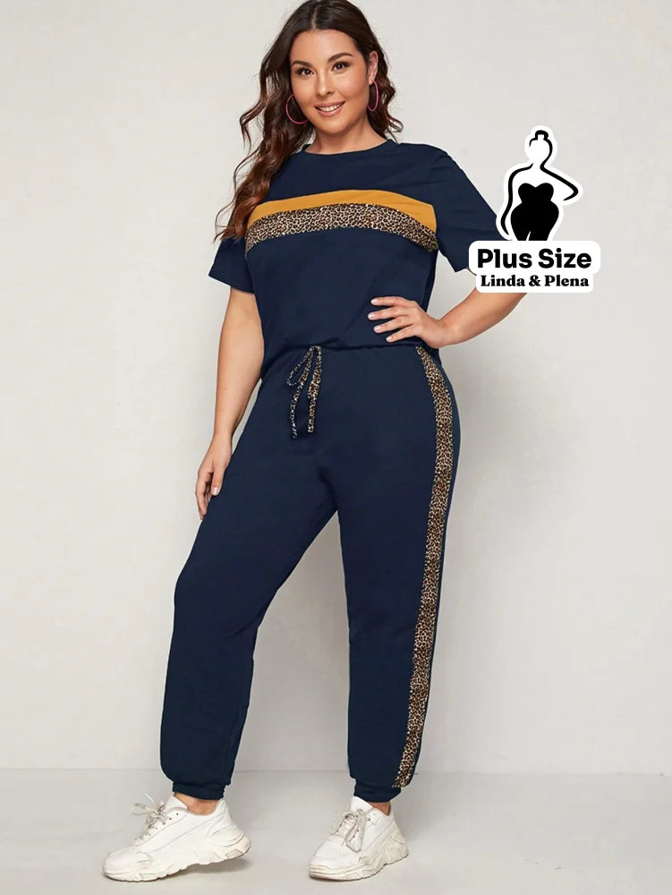 Conjunto Esportivo com Faixa Animal Print Plus Size Azul Marinho / G Conjunto Esportivo com Faixa Animal Print Plus Size