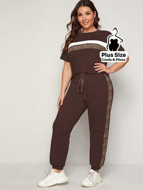Conjunto Esportivo com Faixa Animal Print Plus Size Café / G Conjunto Esportivo com Faixa Animal Print Plus Size