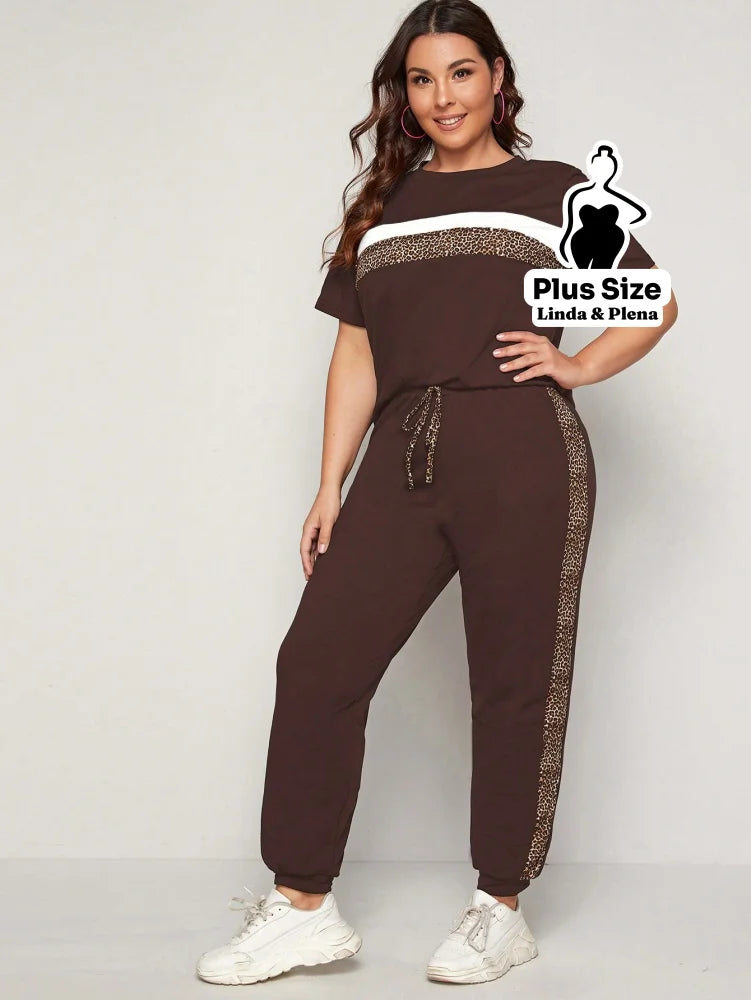 Conjunto Esportivo com Faixa Animal Print Plus Size Café / G Conjunto Esportivo com Faixa Animal Print Plus Size