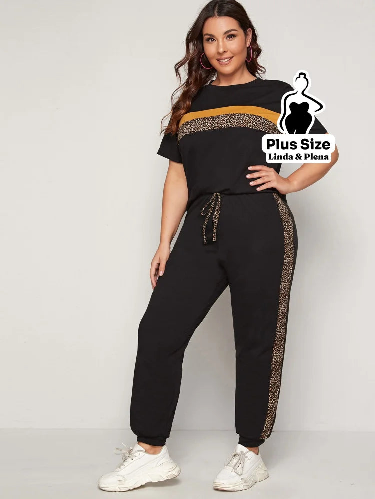 Conjunto Esportivo com Faixa Animal Print Plus Size Preto / G Conjunto Esportivo com Faixa Animal Print Plus Size