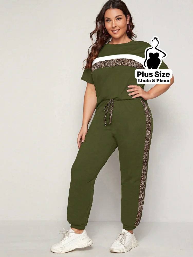 Conjunto Esportivo com Faixa Animal Print Plus Size Verde Militar / G Conjunto Esportivo com Faixa Animal Print Plus