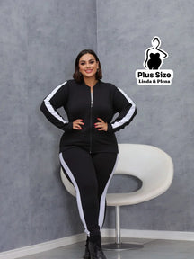 Conjunto Esportivo com Jaqueta Zíper e Faixa Lateral Plus Size Preto e Branco / G Conjunto Esportivo com Jaqueta Zíper