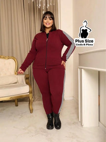 Conjunto Esportivo com Jaqueta Zíper e Faixa Lateral Plus Size Vinho / G Conjunto Esportivo com Jaqueta Zíper e Faixa