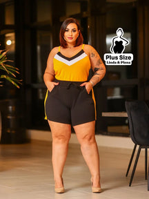Conjunto Esportivo com Regata Chevron e Shorts Plus Size Amarelo / G Conjunto Esportivo com Regata Chevron e Shorts