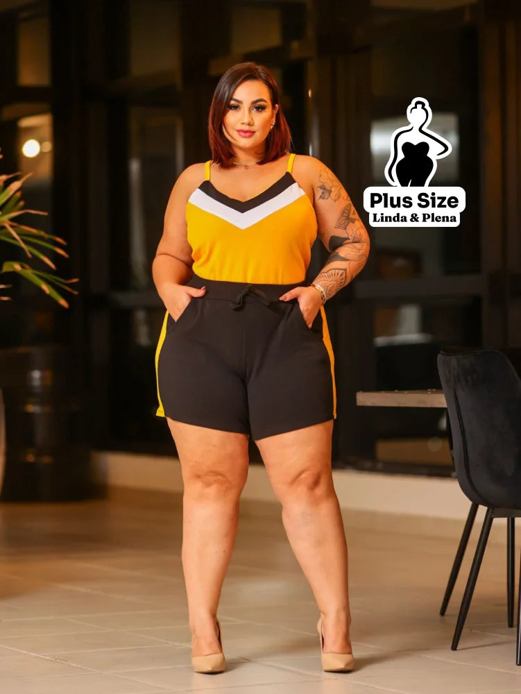 Conjunto Esportivo com Regata Chevron e Shorts Plus Size Amarelo / G Conjunto Esportivo com Regata Chevron e Shorts