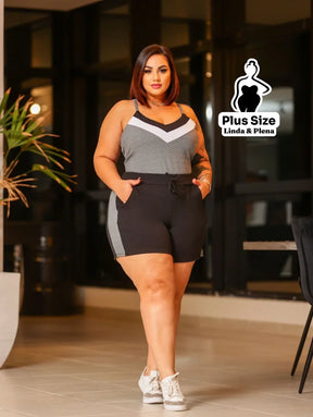 Conjunto Esportivo com Regata Chevron e Shorts Plus Size Cinza / G Conjunto Esportivo com Regata Chevron e Shorts Plus