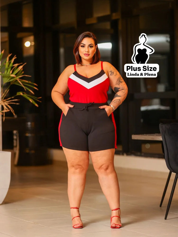 Conjunto Esportivo com Regata Chevron e Shorts Plus Size Vermelho / G Conjunto Esportivo com Regata Chevron e Shorts