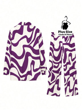 Conjunto Estampado com Camisa Aberta e Calça Solta Plus Size Conjunto Estampado com Camisa Aberta e Calça Solta Plus