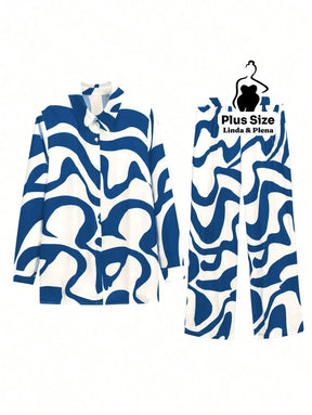 Conjunto Estampado com Camisa Aberta e Calça Solta Plus Size Conjunto Estampado com Camisa Aberta e Calça Solta Plus