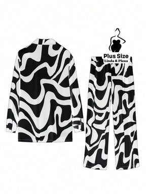 Conjunto Estampado com Camisa Aberta e Calça Solta Plus Size Conjunto Estampado com Camisa Aberta e Calça Solta Plus