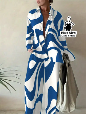 Conjunto Estampado com Camisa Aberta e Calça Solta Plus Size Azul / G Conjunto Estampado com Camisa Aberta e Calça