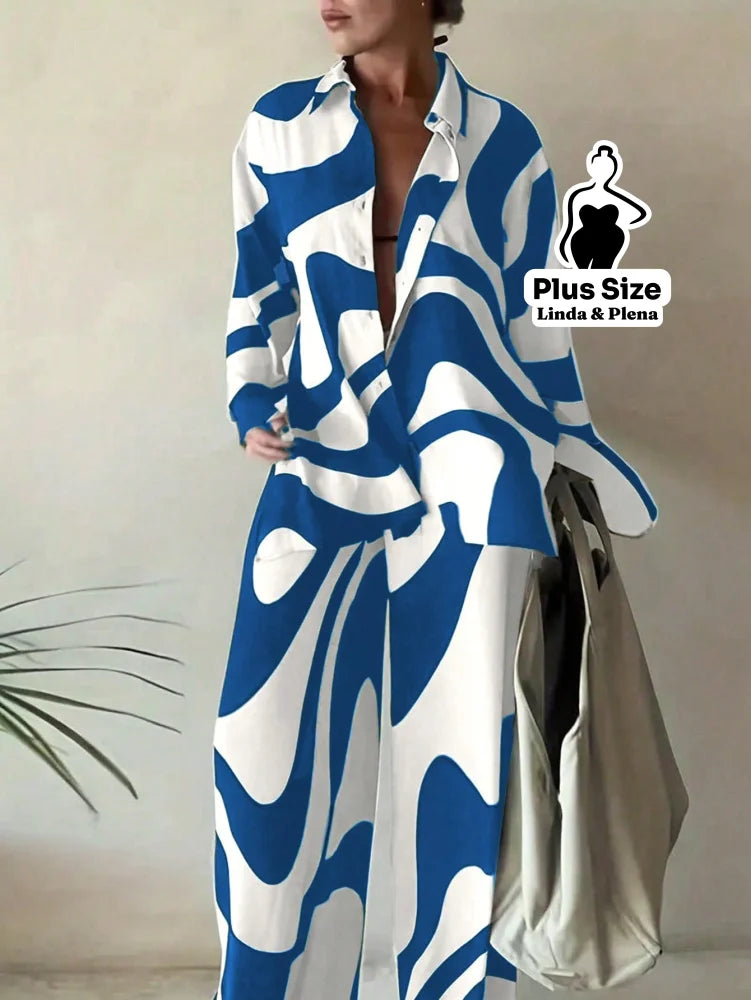 Conjunto Estampado com Camisa Aberta e Calça Solta Plus Size Azul / G Conjunto Estampado com Camisa Aberta e Calça
