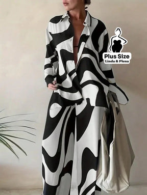 Conjunto Estampado com Camisa Aberta e Calça Solta Plus Size Preto / G Conjunto Estampado com Camisa Aberta e Calça