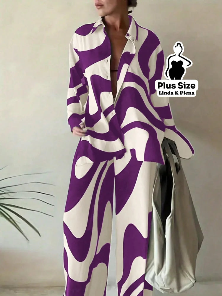 Conjunto Estampado com Camisa Aberta e Calça Solta Plus Size Roxo / G Conjunto Estampado com Camisa Aberta e Calça