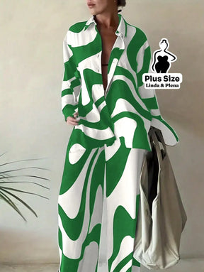 Conjunto Estampado com Camisa Aberta e Calça Solta Plus Size Verde / G Conjunto Estampado com Camisa Aberta e Calça
