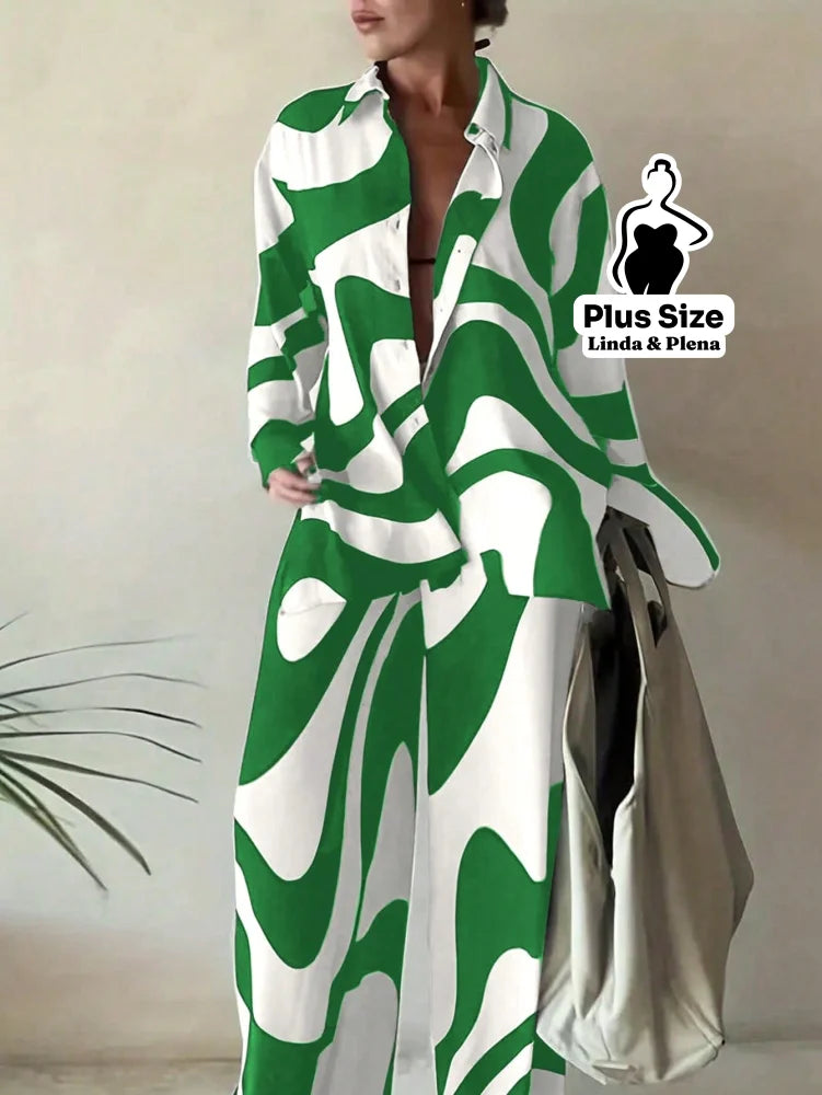 Conjunto Estampado com Camisa Aberta e Calça Solta Plus Size Verde / G Conjunto Estampado com Camisa Aberta e Calça