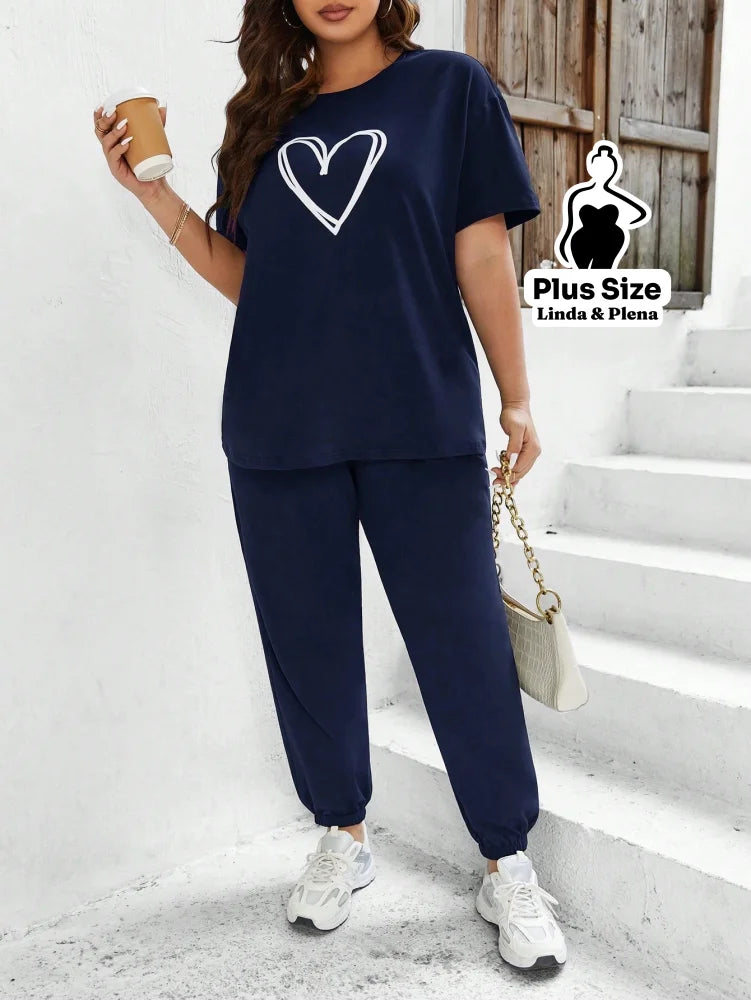 Conjunto Estampado Com Coração E Calça Jogger Plus Size Azul Marinho / G Conjunto Estampado Com Coração E Calça Jogger