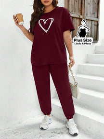 Conjunto Estampado Com Coração E Calça Jogger Plus Size Vinho / G Conjunto Estampado Com Coração E Calça Jogger Plus