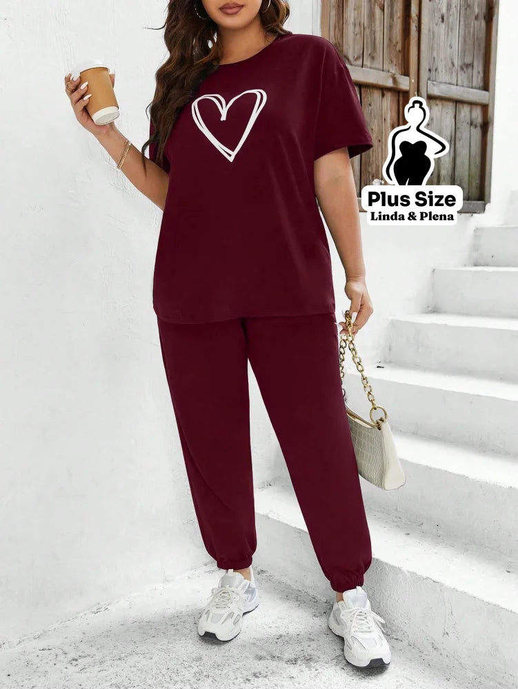 Conjunto Estampado Com Coração E Calça Jogger Plus Size Vinho / G Conjunto Estampado Com Coração E Calça Jogger Plus
