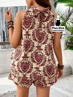 Conjunto Estampado com Regata Halter e Shorts Plus Size Conjunto Estampado com Regata Halter e Shorts Plus Size