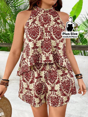 Conjunto Estampado com Regata Halter e Shorts Plus Size Vermelho / G Conjunto Estampado com Regata Halter e Shorts Plus