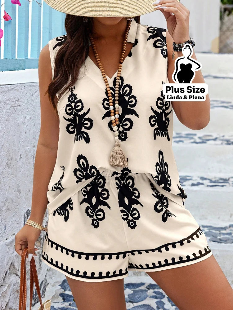 Conjunto Estampado Étnico com Regata e Shorts Plus Size Caqui / G Conjunto Estampado Étnico com Regata e Shorts Plus