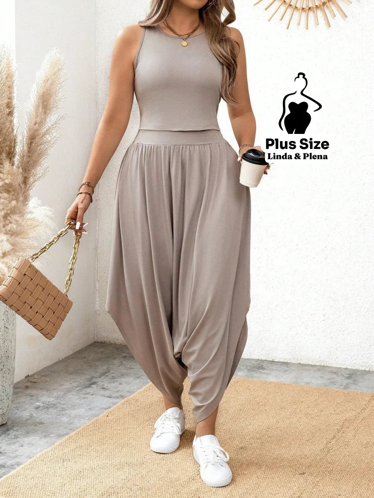 Conjunto Estilo Saruel Com Regata Justa Plus Size Cinza Claro / G Conjunto Estilo Saruel Com Regata Justa Plus Size