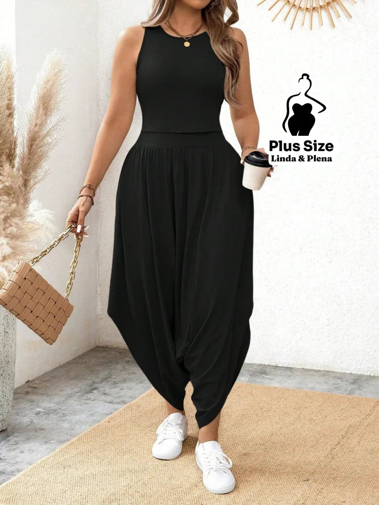Conjunto Estilo Saruel Com Regata Justa Plus Size Preto / G Conjunto Estilo Saruel Com Regata Justa Plus Size