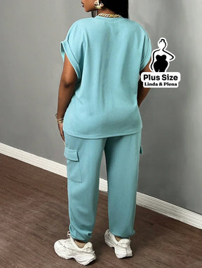 Conjunto Feminino com Top de Manga para Verão Plus Size Conjunto Feminino com Top de Manga para Verão Plus Size