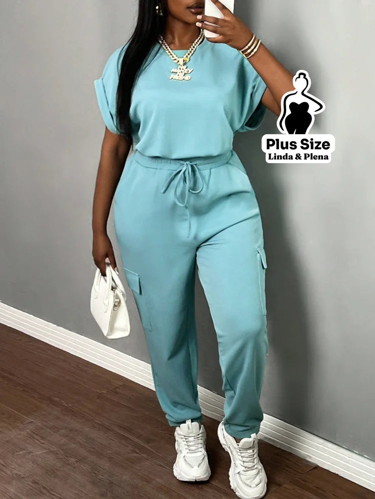 Conjunto Feminino com Top de Manga para Verão Plus Size Azul bebê / G Conjunto Feminino com Top de Manga para Verão