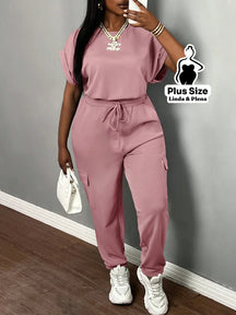 Conjunto Feminino com Top de Manga para Verão Plus Size Rosa / G Conjunto Feminino com Top de Manga para Verão Plus Size