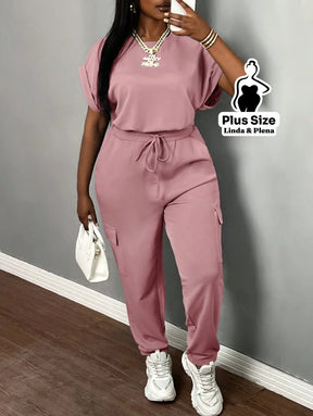 Conjunto Feminino com Top de Manga para Verão Plus Size Rosa / G Conjunto Feminino com Top de Manga para Verão Plus Size