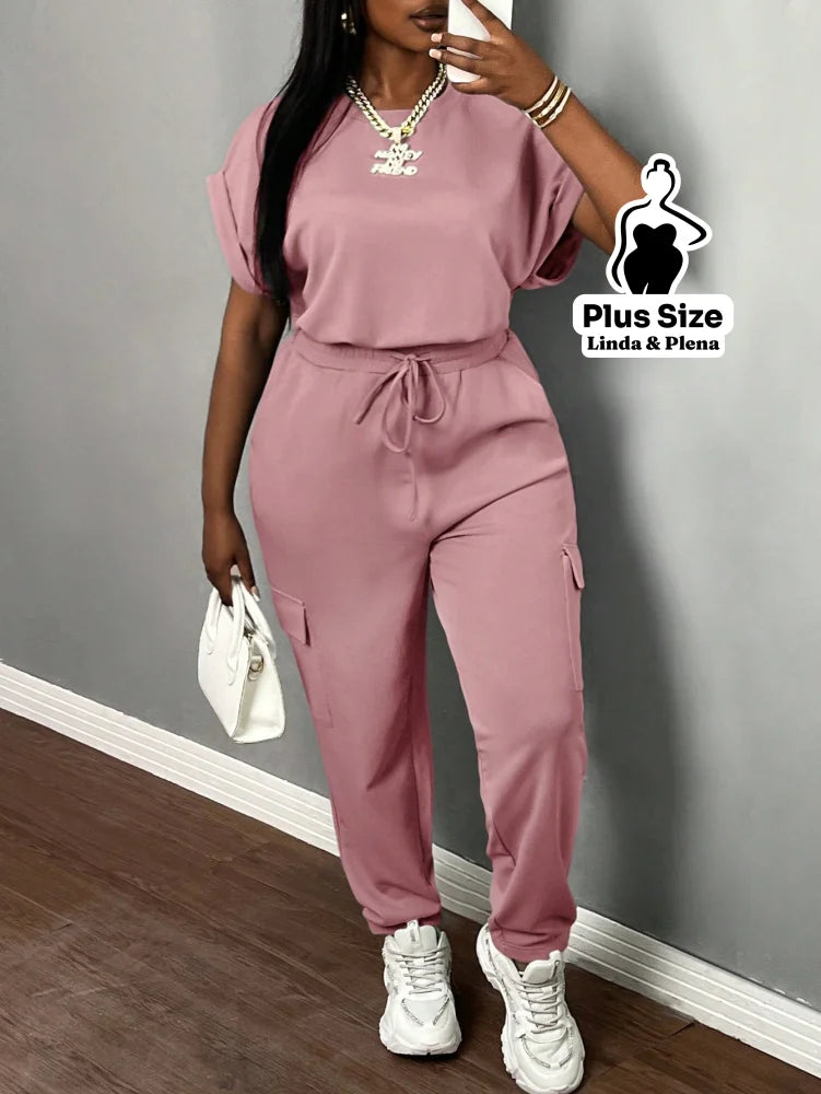 Conjunto Feminino com Top de Manga para Verão Plus Size Rosa / G Conjunto Feminino com Top de Manga para Verão Plus Size