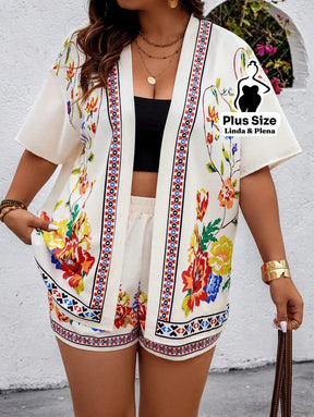 Conjunto Floral com Kimono e Shorts Conforto Plus Size Conjunto Floral com Kimono e Shorts Conforto Plus Size