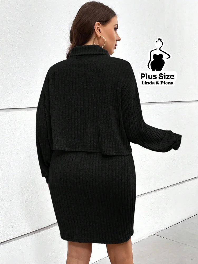 Conjunto Gola Alta Canelado Com Saia Justa Plus Size Conjunto Gola Alta Canelado Com Saia Justa Plus Size