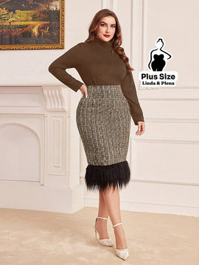 Conjunto Gola Alta Com Saia De Tweed E Plumas Plus Size Conjunto Gola Alta Com Saia De Tweed E Plumas Plus Size
