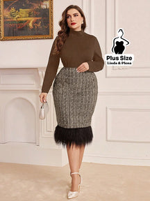 Conjunto Gola Alta Com Saia De Tweed E Plumas Plus Size Café / G Conjunto Gola Alta Com Saia De Tweed E Plumas Plus Size