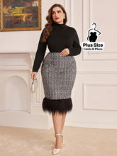 Conjunto Gola Alta Com Saia De Tweed E Plumas Plus Size Preto / G Conjunto Gola Alta Com Saia De Tweed E Plumas Plus