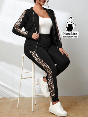 Conjunto Jaqueta E Calça Lateral Estampa Animal Print Plus Size Conjunto Jaqueta E Calça Lateral Estampa Animal Print