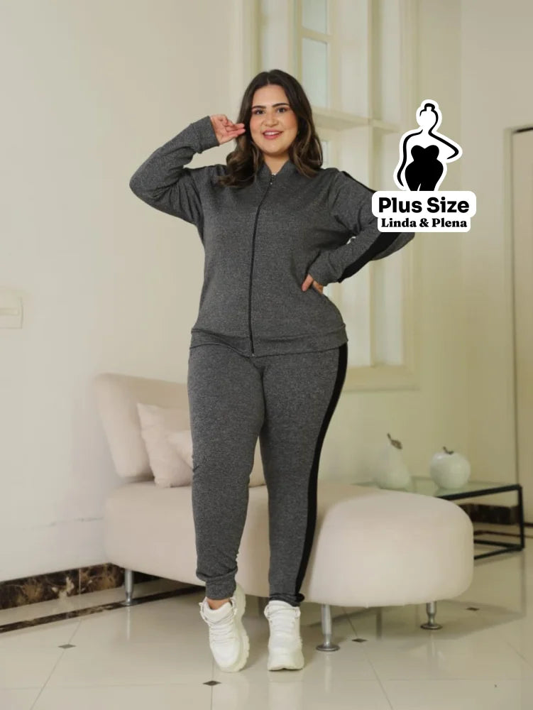 Conjunto Jaqueta Zíper Calça Jogger Faixa Lateral Plus Size G Conjunto Jaqueta Zíper Calça Jogger Faixa Lateral Plus