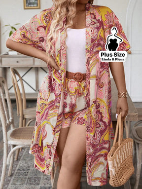 Conjunto Kimono Manga Curta Shorts Cós Elástico Plus Size Rosa Chiclete / G Conjunto Kimono Manga Curta Shorts Cós